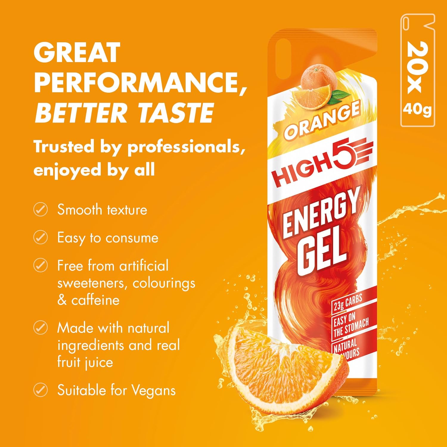 Detalle de HIGH5 Running Gels Energy (Orange) – Caffeine-free energy gel with quick-release carbs, 20 x 40g