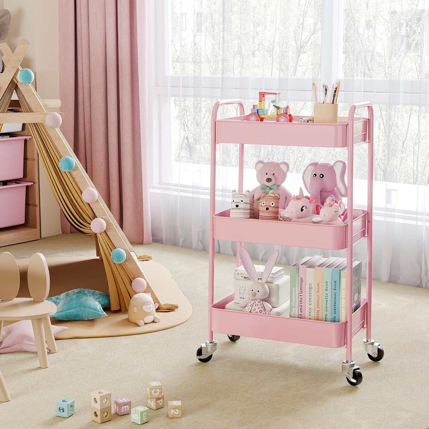 Detalle de TOOLF RY131218 3-Tier Metal Rolling Cart, Pink, Tool-Free Assembly