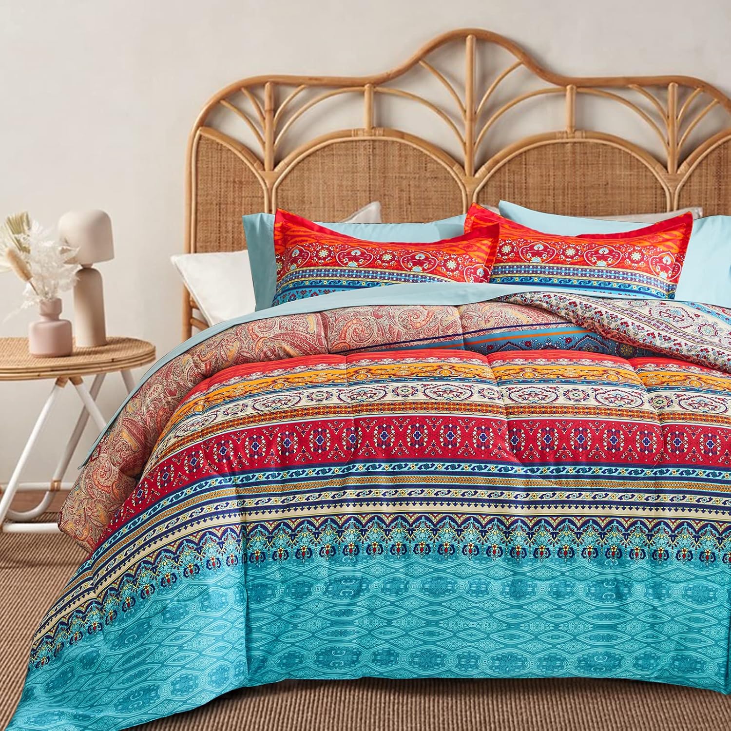 Detalle de Flysheep 1 Boho Striped Queen Bed-in-a-Bag Set, Reversible Microfiber