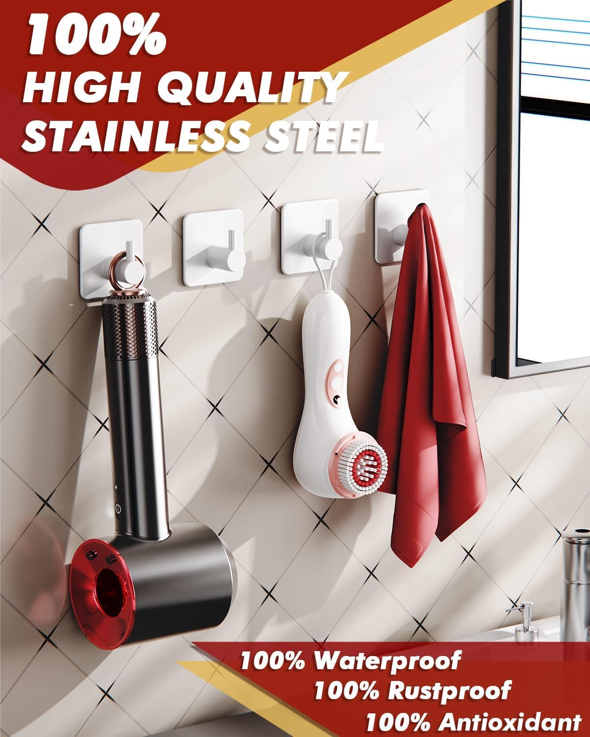 Detalle 2 de Auxmir 5 Pack Self-Adhesive Hooks – Stainless Steel, 10kg, No-Drill Fix, 4.5×4.5cm