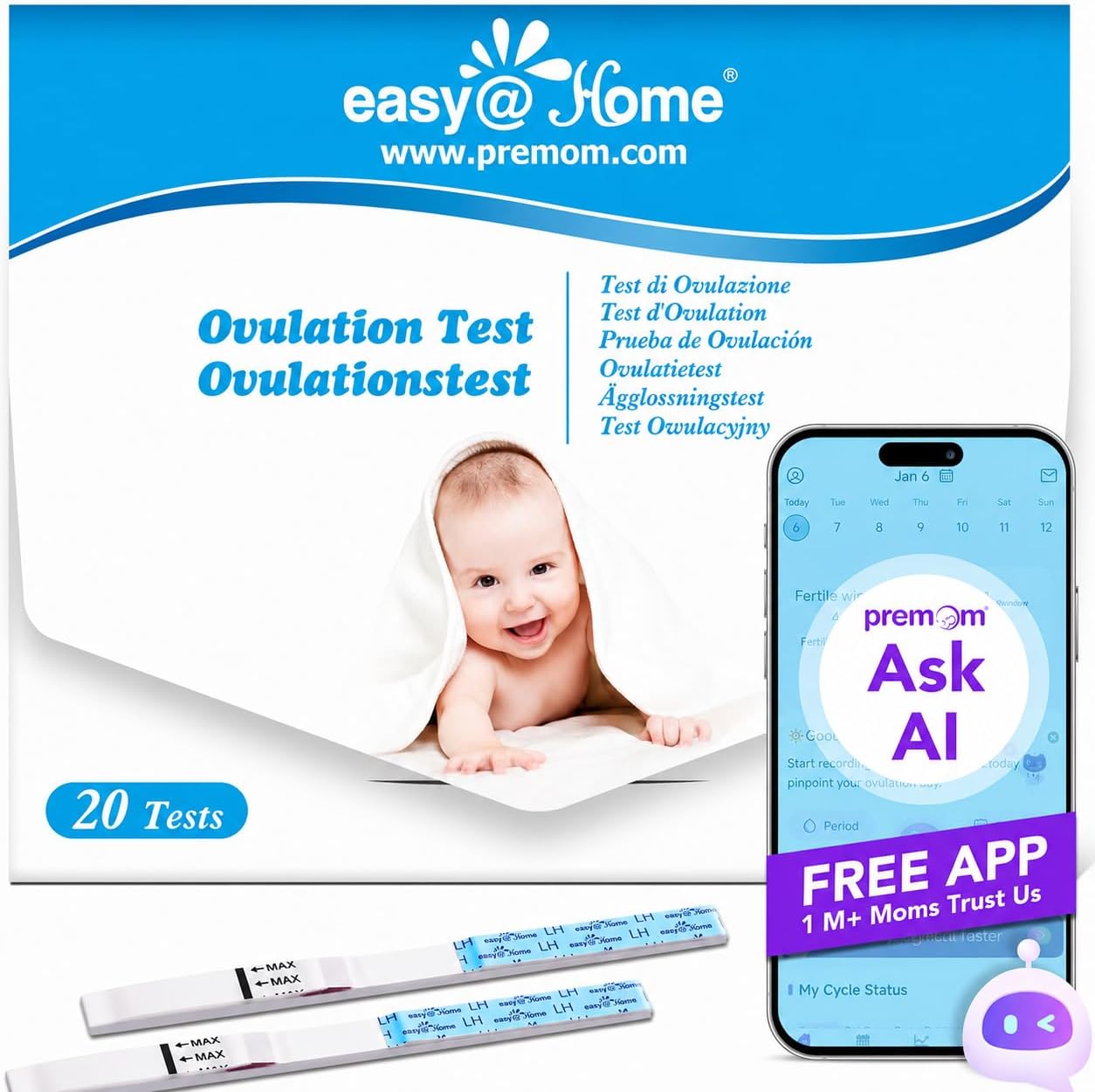 Detalle de Easy@Home Ovulation Fertility Test Kit (20 LH Strips) with Premom Tracker