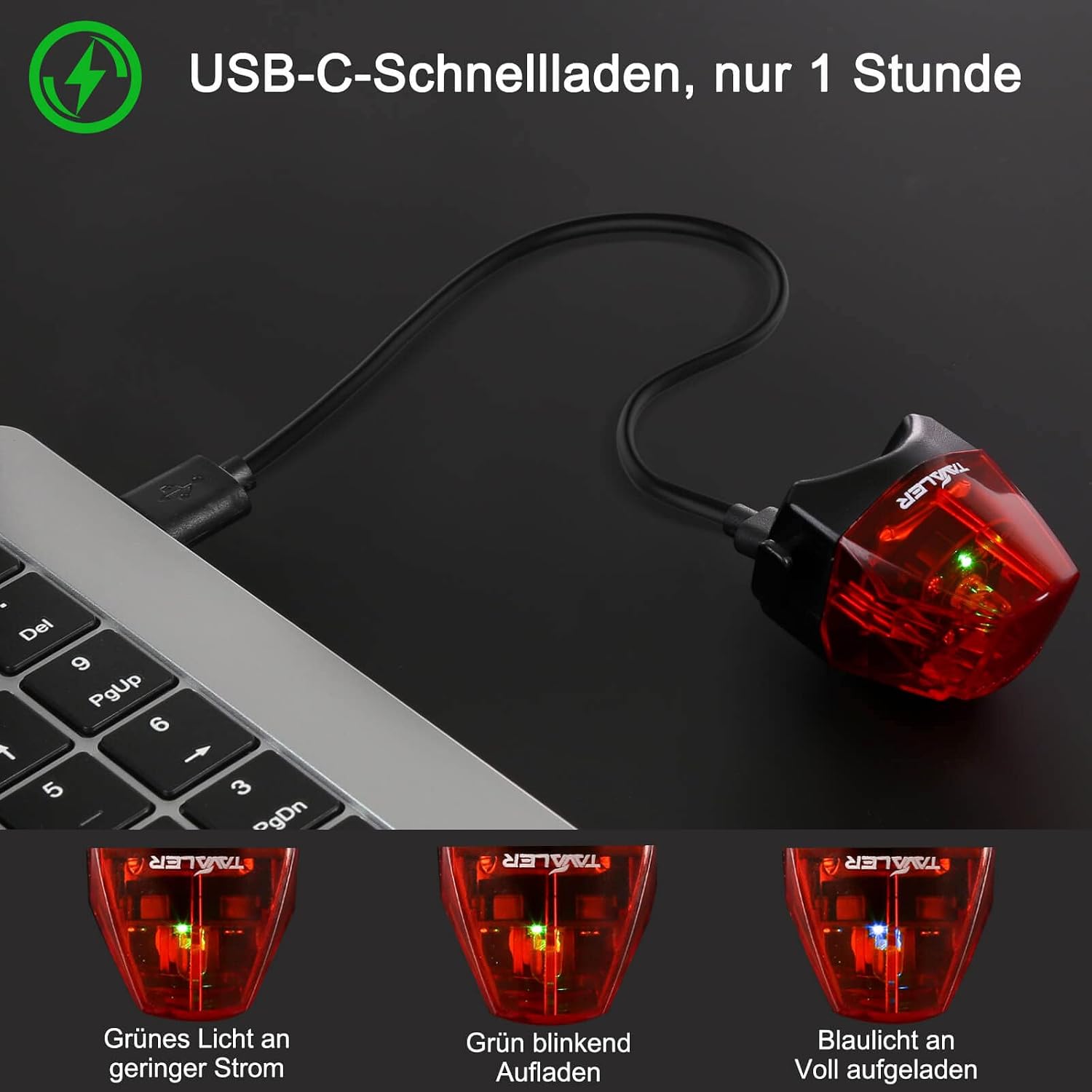 Detalle 2 de Tavaler Fahrrad-Rücklicht mit USB-C Akku, StVZO-zugelassen (K1496) und IPX4