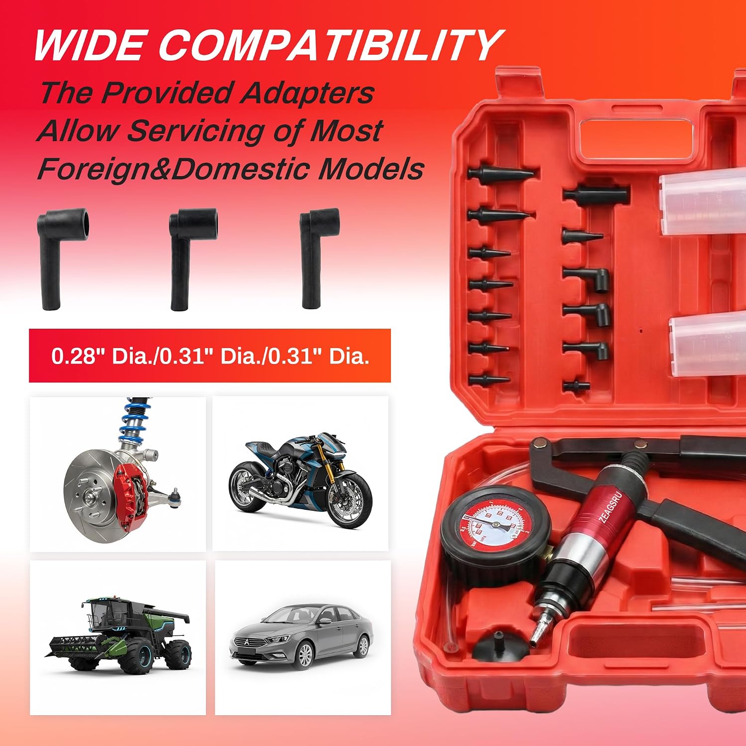 Thumbnail 4 de Handheld Vacuum Pump Brake Bleeder Kit (23PC-Red) — Vacuum & Pressure Tester Set with Gauge, Hoses, Adapters