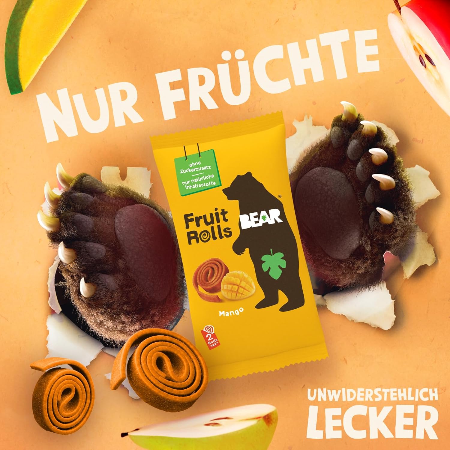 Detalle de BEAR Fruchtrollen Mango – 100% Natürliche Inhaltsstoffe, Zuckerfrei, 18 Beutel à 20 g (360 g)