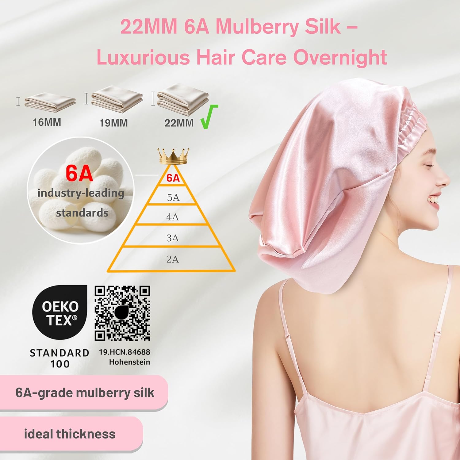Detalle de Townssilk Bonnet de nuit en soie 22 momme – DustyPink 32 cm, pour cheveux courts et mi-longs