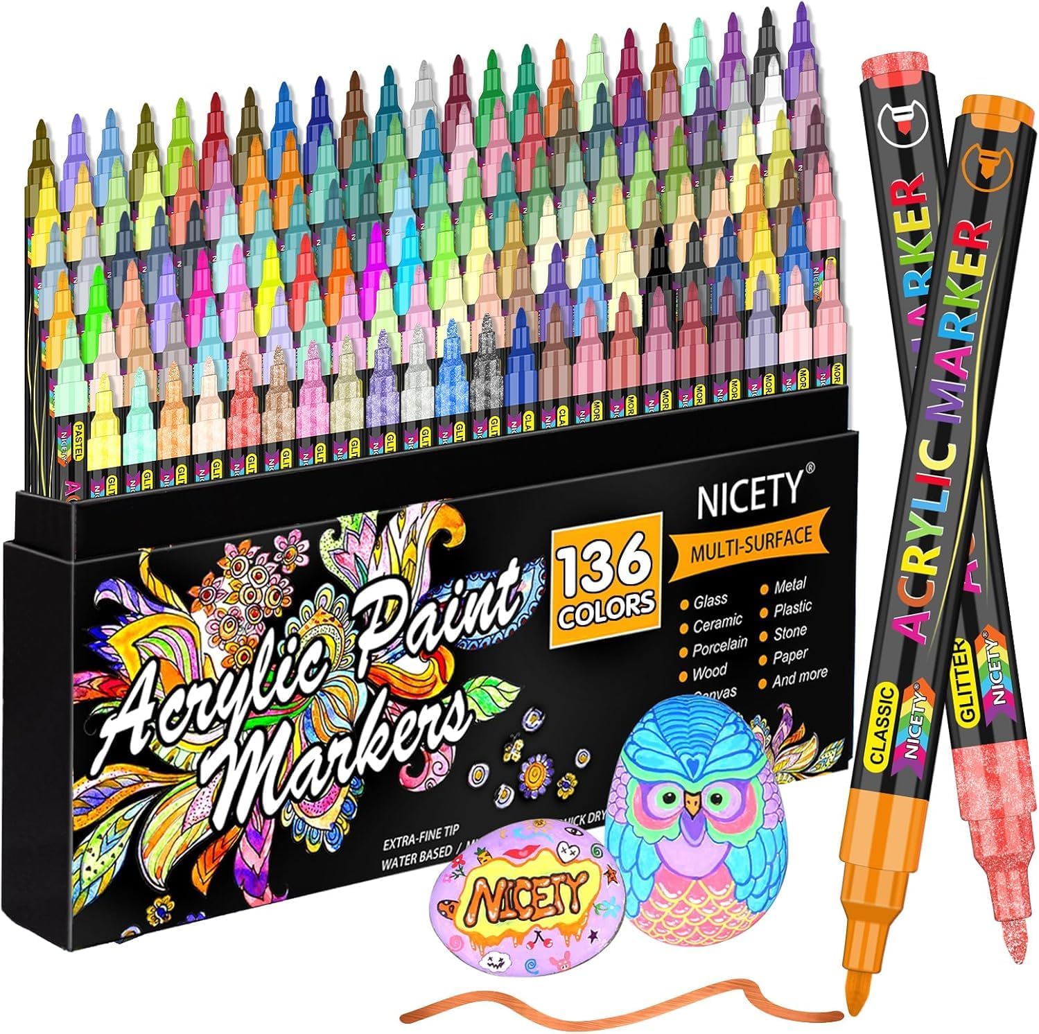 Detalle de NICETY 136 Colours Acrylic Paint Pens Set: 0.7mm Extra Fine Tip for Rock, Glass, Ceramic and More