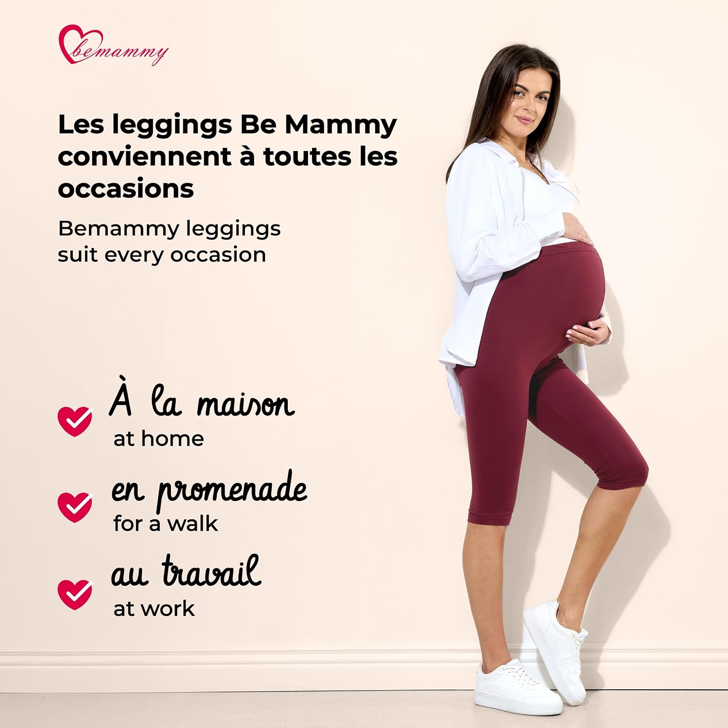 Detalle 2 de Be Mammy lot de 2 leggings de maternité en coton 3/4 confortables et opaques (cint. haute, UE)