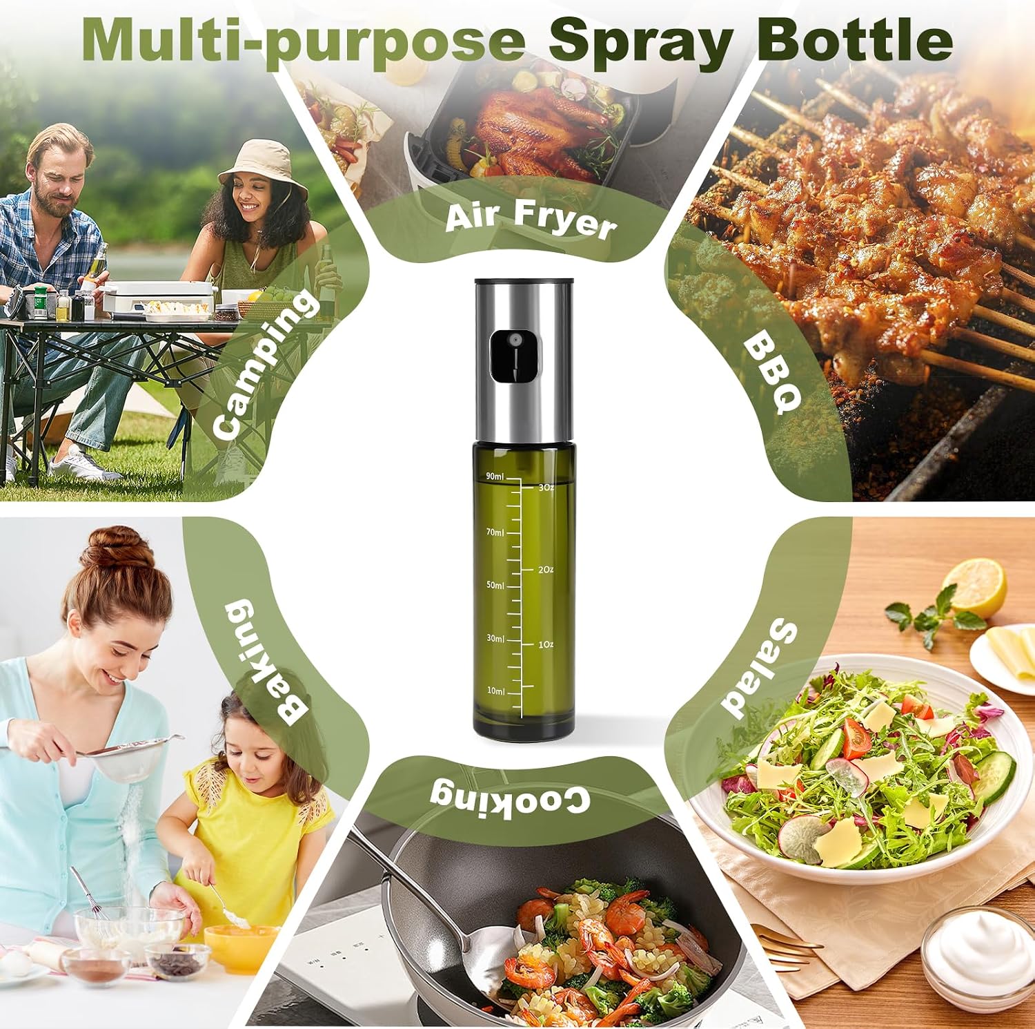 Detalle de Byitin 2PCS Oil Spray Bottle 100ML – Green UV Protected Glass with Large Stainless Funnel