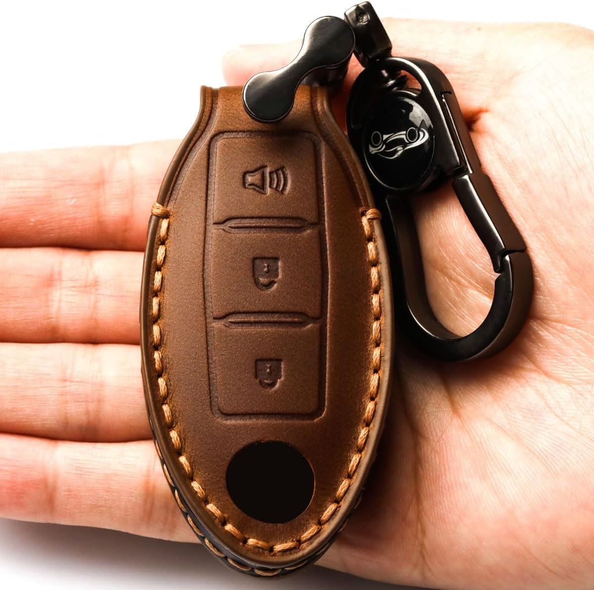 Detalle 2 de APEKUU Leather Nissan Key Fob Cover, Hand-Stitched Brown Case