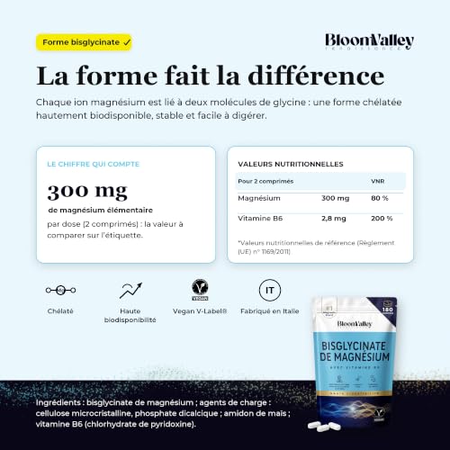 Thumbnail 3 de MAGNÉSIUM BISGLYCINATE 300 mg avec Vitamine B6 – BloomValley, 180 comprimés