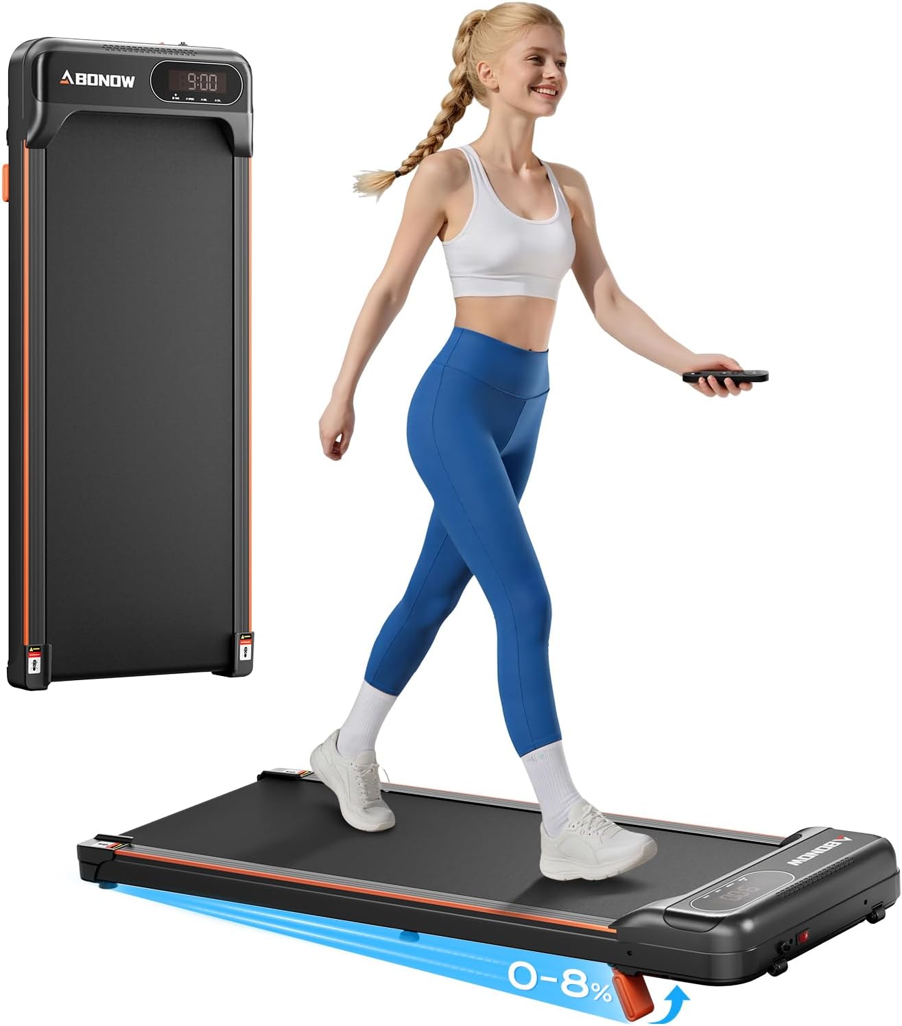 Abonow Walking Pad with Incline under-desk treadmill (1–6 km/h, up to 8% incline)