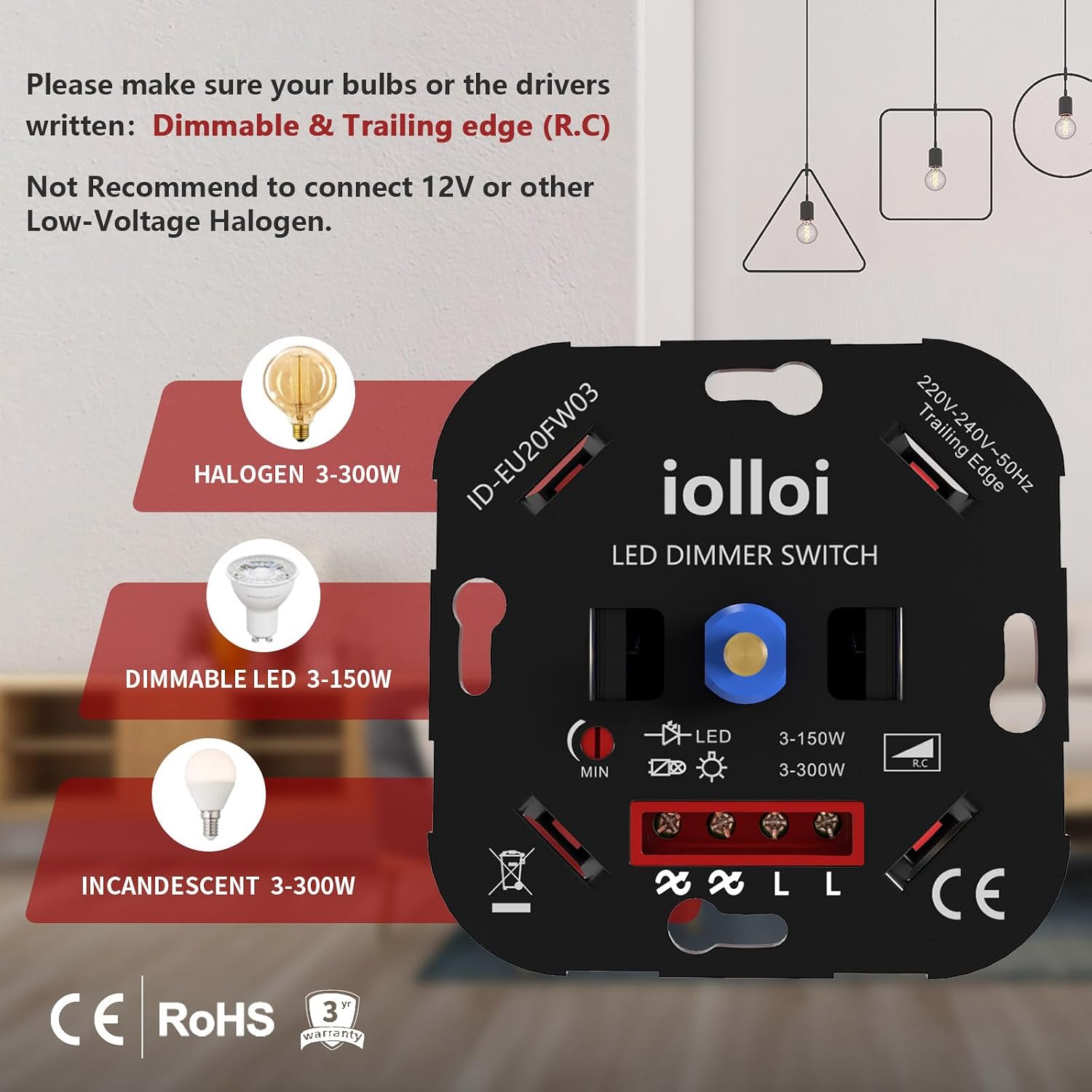 Thumbnail 4 de iolloi LED Dimmer Schalter 3–150W für LEDs