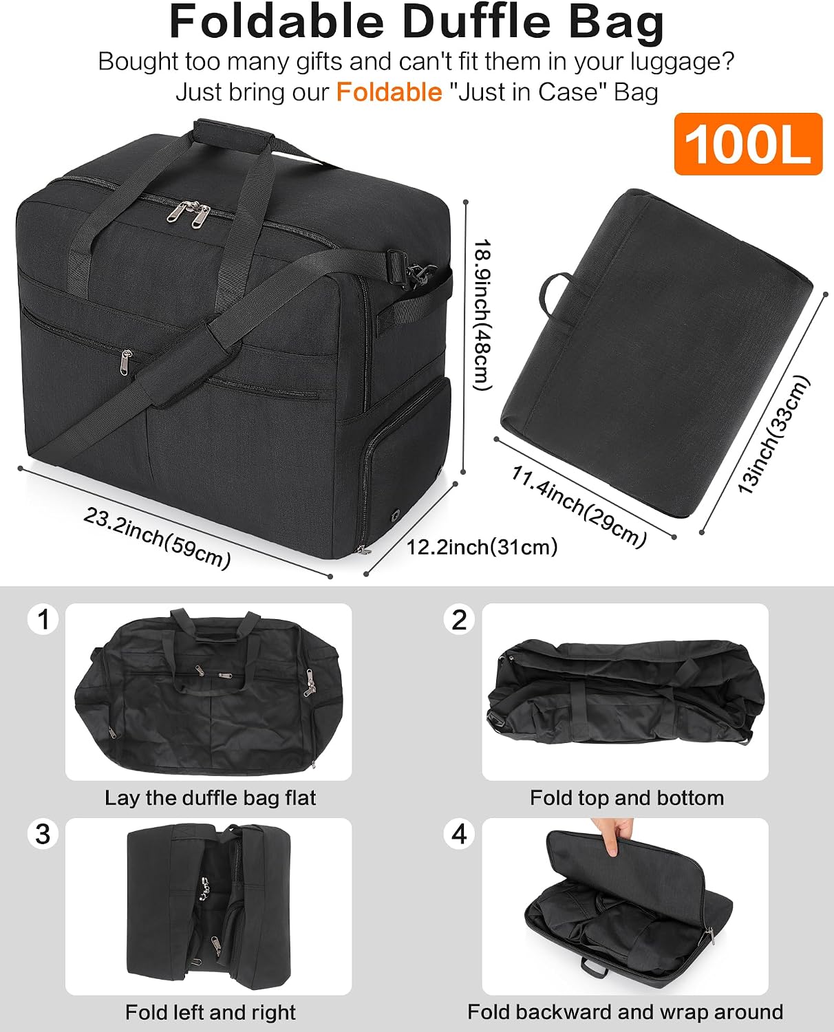 Thumbnail 1 de Urtala Sac de Voyage Pliable 100L – Noir, avec Compartiment à Chaussures