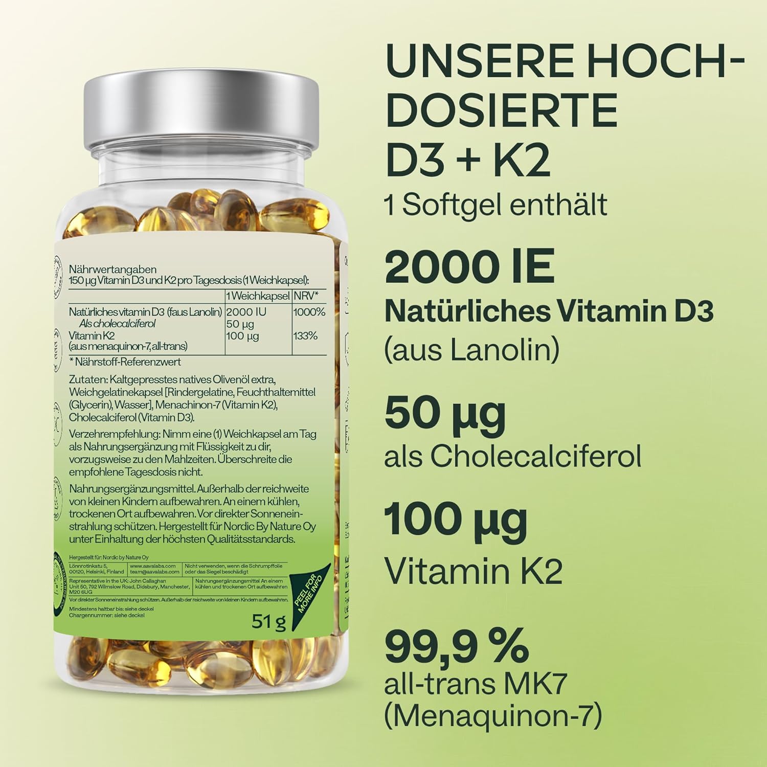 Detalle de Vitamin D3 K2 hochdosiert mit nativem Olivenöl – Vitamin D 2000 IE + Vitamin K2 MK7 100 μg