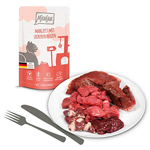 Detalle de MjAMjAM Premium Nassfutter für Katzen – Mixpaket I (12 x 125 g) Huhn, Rind, Herzen – getreidefrei, hoher Fleischanteil