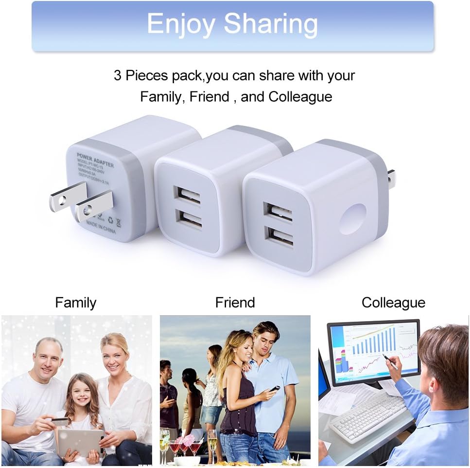 Thumbnail 1 de Eusbote Dual-Port USB Wall Charger, 2.1A, 10W, 3-Pack in White