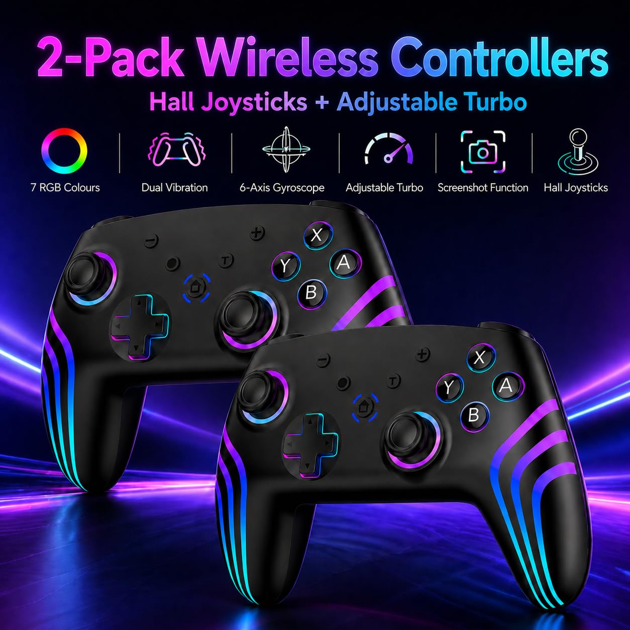 Detalle 2 de Riscvma 2er Wireless-Controller Set für Switch/Switch 2/Switch Lite/OLED/PC – RGB, Dual-Vibration, 6-Achs-Gyro & Turbo