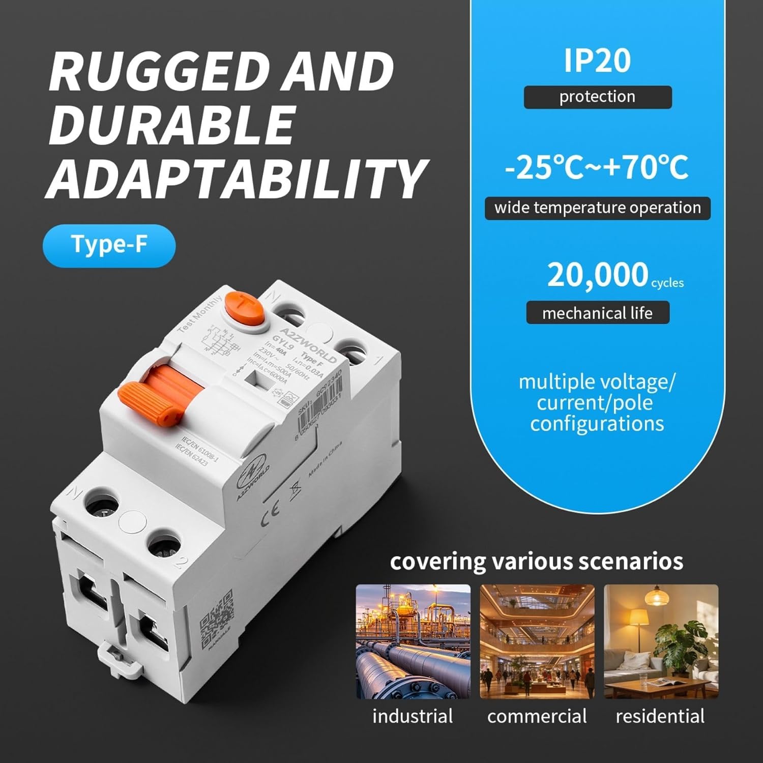 Detalle de Interruttore Differenziale Puro Salvavita Tipo F 40A, 1P+N, 6kA, 300mA, 2 Moduli DIN