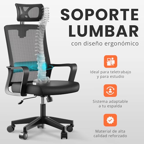 Detalle de JUPPLIES silla de escritorio ergonómica ajustable y reclinable con soporte lumbar, reposacabezas y malla transpirable (hasta 120 kg, negro)