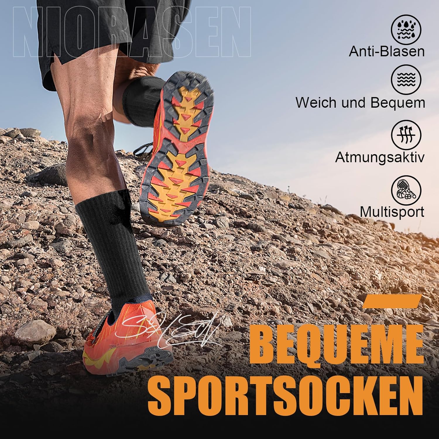Detalle de Niorasen Wandersocken & Sportsocken (6 Paar) aus Baumwolle, atmungsaktiv, gepolstert – Größen 35–50