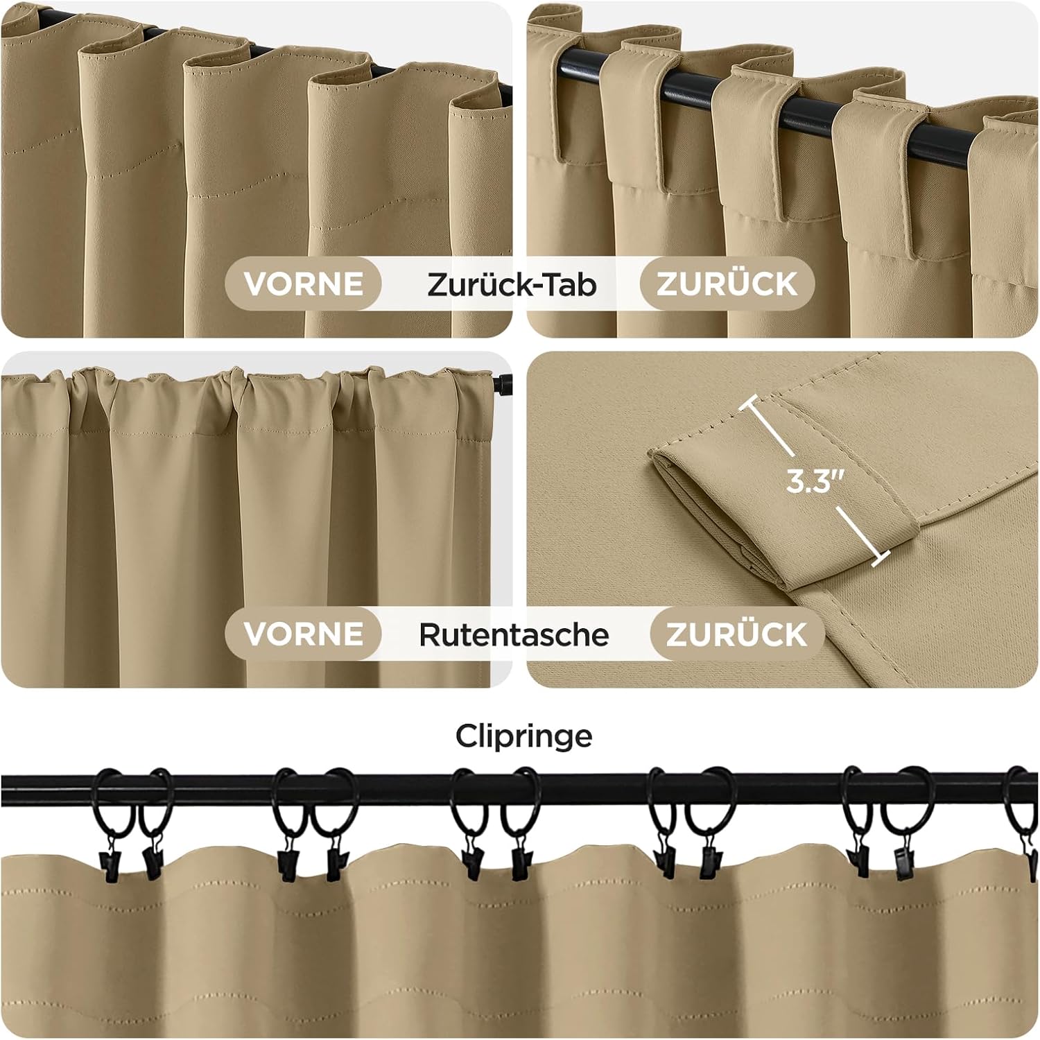 Thumbnail 3 de Joydeco Verdunkelungsvorhänge mit verdeckten Schlaufen (2er-Set), H 200 x B 140, dunkelbeige