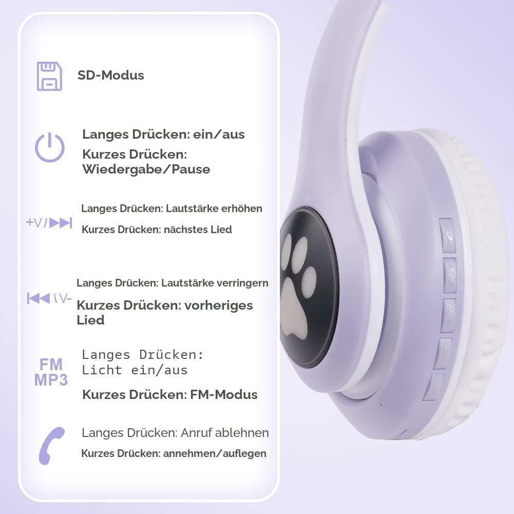 Thumbnail 3 de AXFEE Kinderkopfhörer Bluetooth mit Katzenohren, klappbar, LED & Mikrofon (inkl. MicroSD/TF)