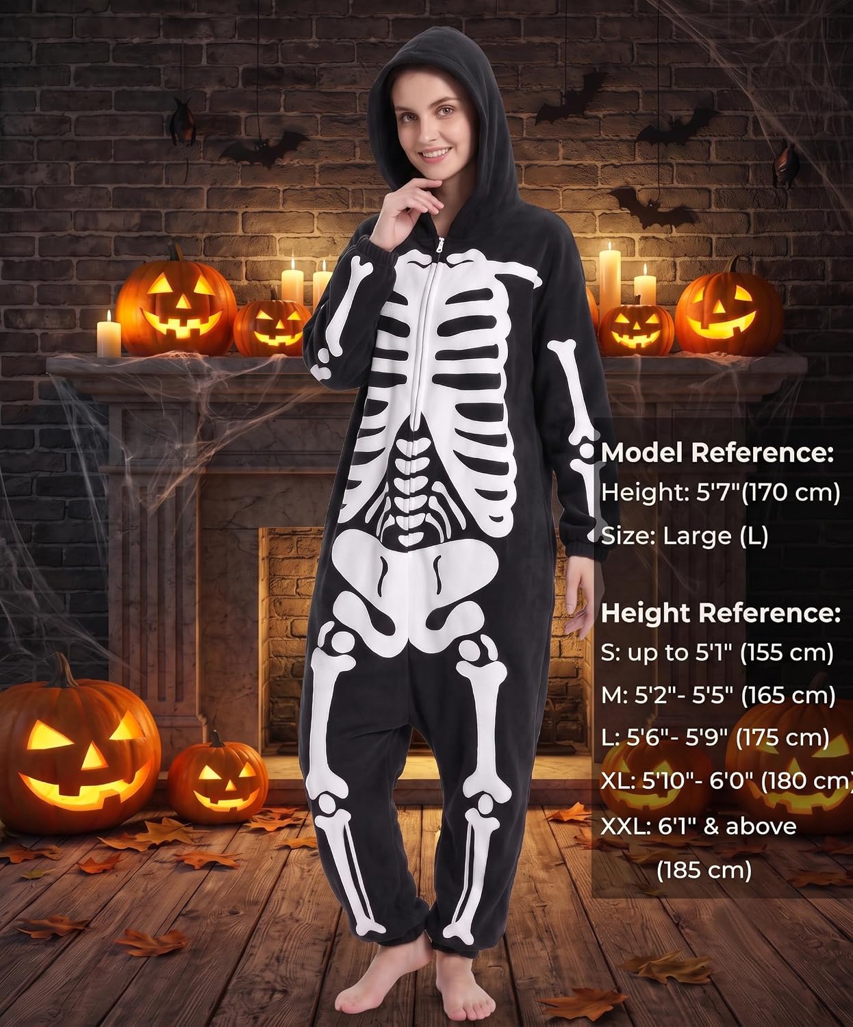 Detalle 1 de Hundredmore Adult Skeleton Onesie Pajamas with Plush Fabric, Zip Front and Pockets