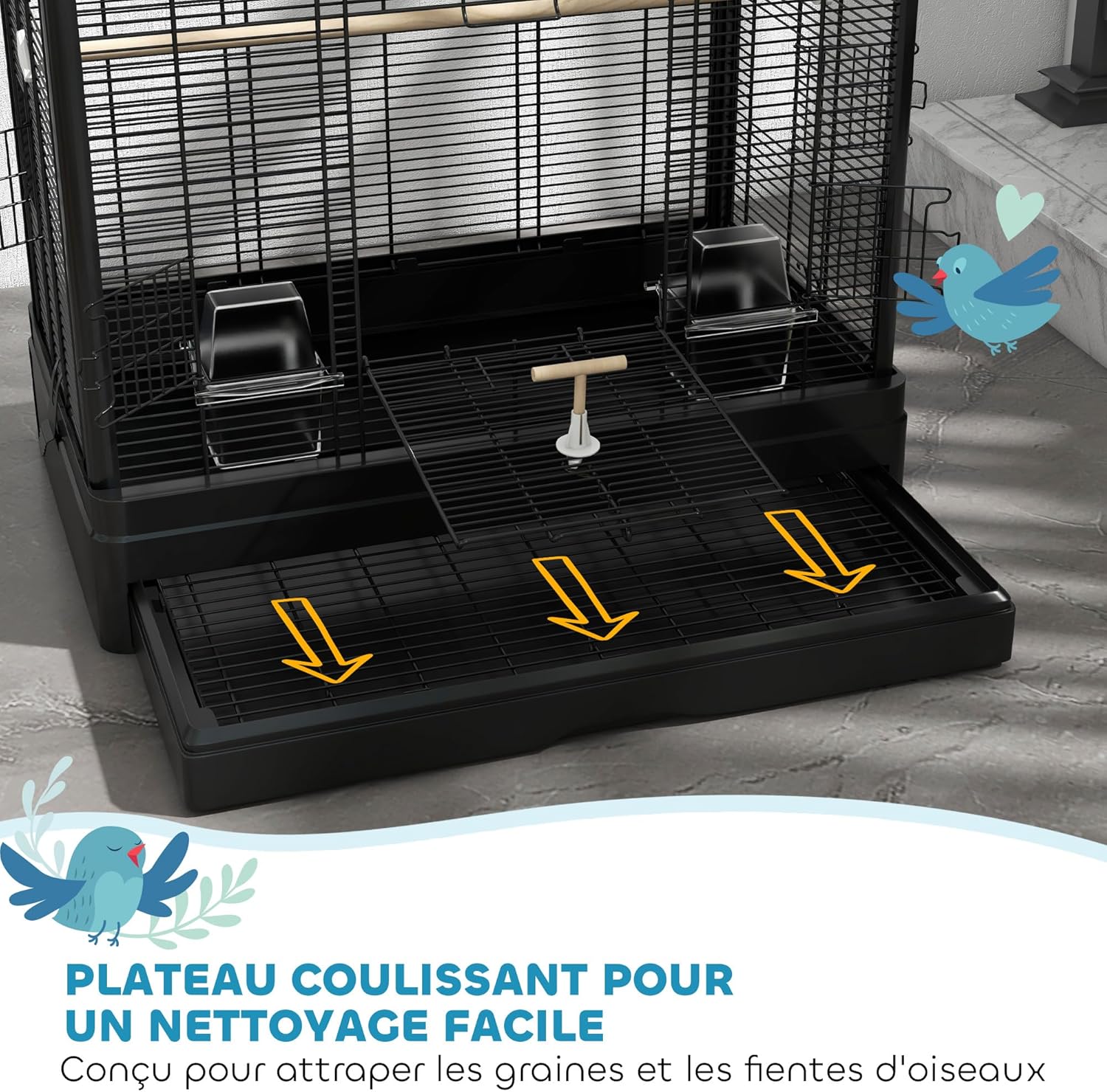 Detalle de PawHut Cage à Oiseaux avec portes et perchoirs (61 x 36,5 x 98 cm) – Noir