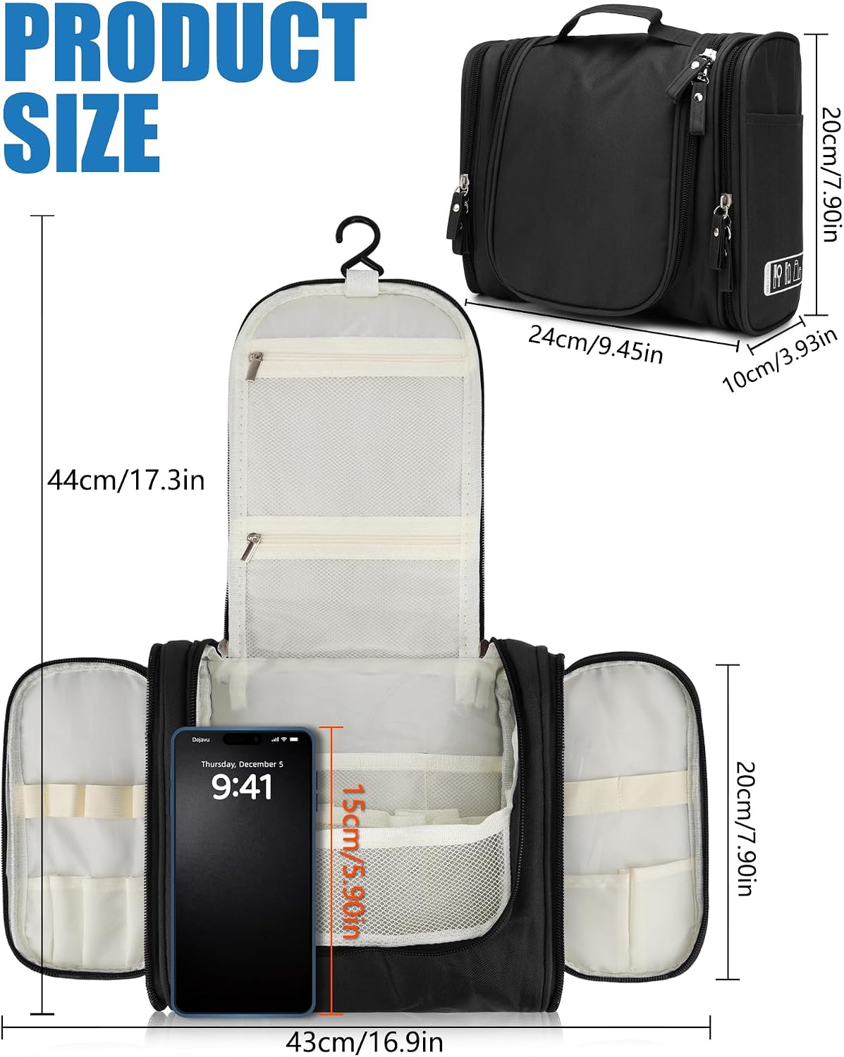Thumbnail 1 de FitDA Hanging Toiletry Bag for Men and Women (24×20×10cm) – Lightweight Travel Wash Bag
