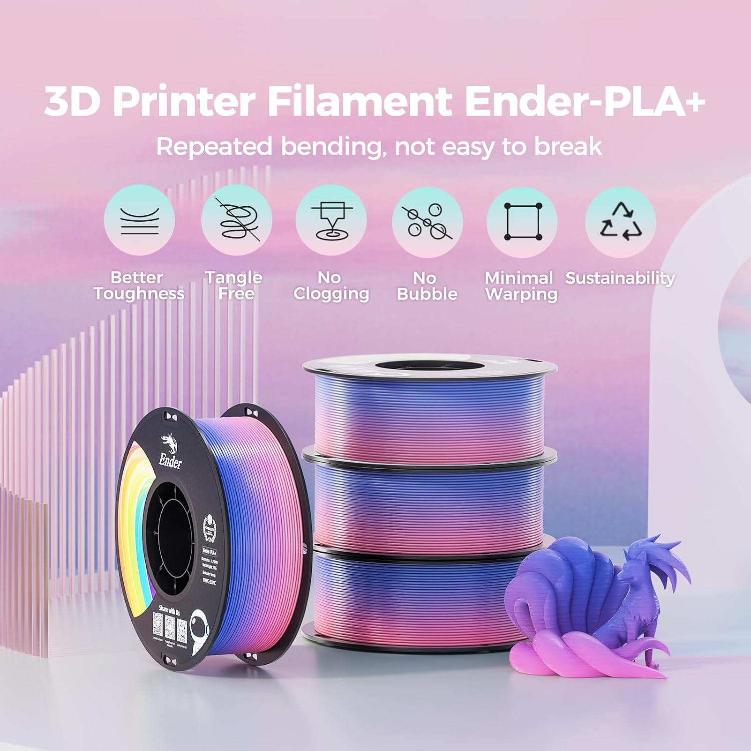 Thumbnail 1 de Creality Rainbow Upgrade PLA+ Filament 1.75mm — 1kg Spool, Vacuum Sealed, No-Tangle, High Toughness