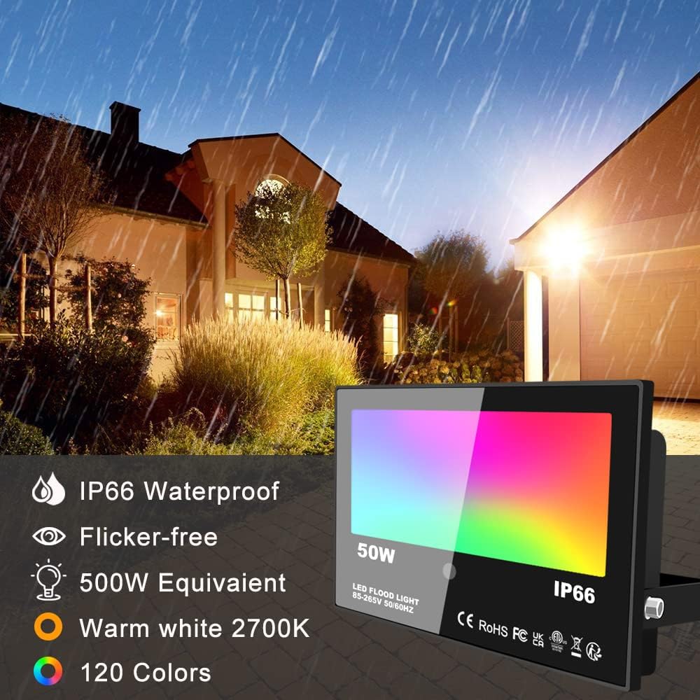 Thumbnail 1 de Lighting Master LED Floodlight Outdoor 50W (2 Pack) with 120 RGB Colours + Warm White, IP66, Timing Remote
