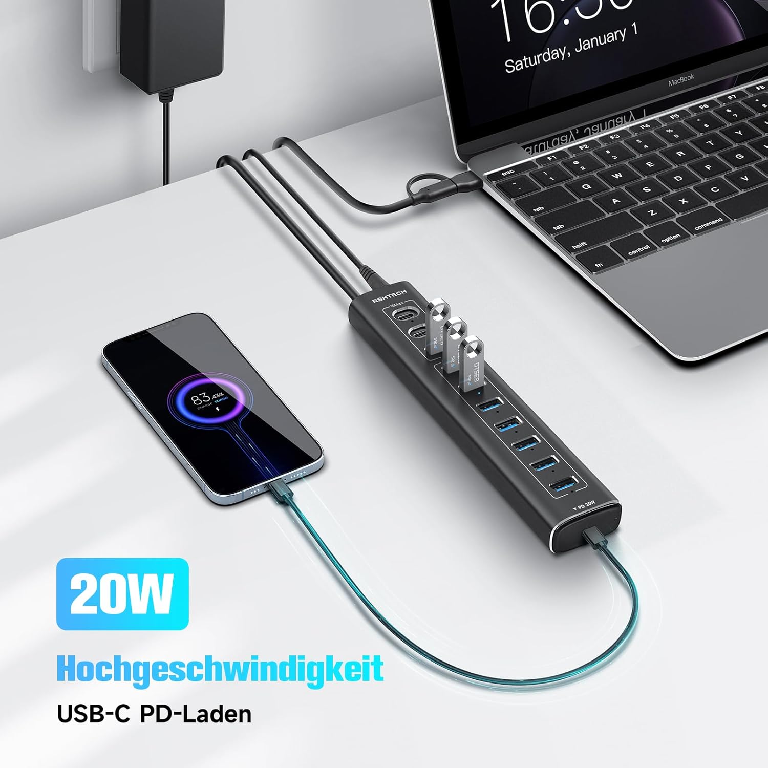 Thumbnail 4 de RSHTECH RSH-A11PD USB-C 3.2 Hub mit Netzteil (60 W) – 11 Ports, 20 W PD & bis zu 10 Gb/s