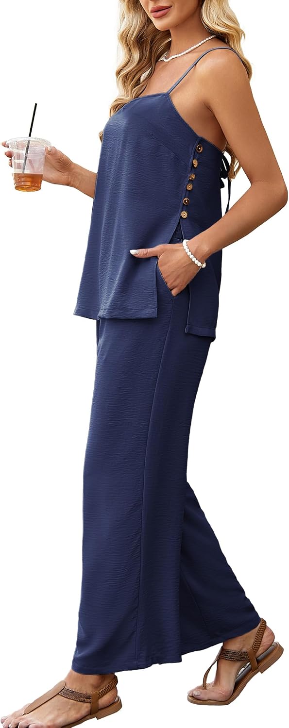 Detalle de Kikibell Women's Two-Piece Faux Linen Set