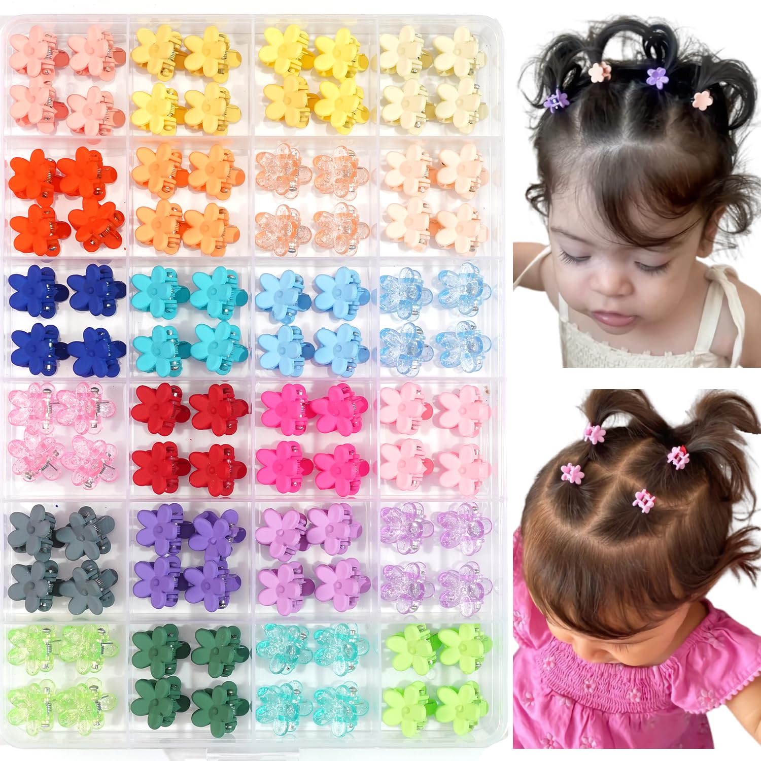 Detalle de CÉLLOT Mini Flower Hair Claw Clips, 96 Pieces in 24 Colors with Organizer