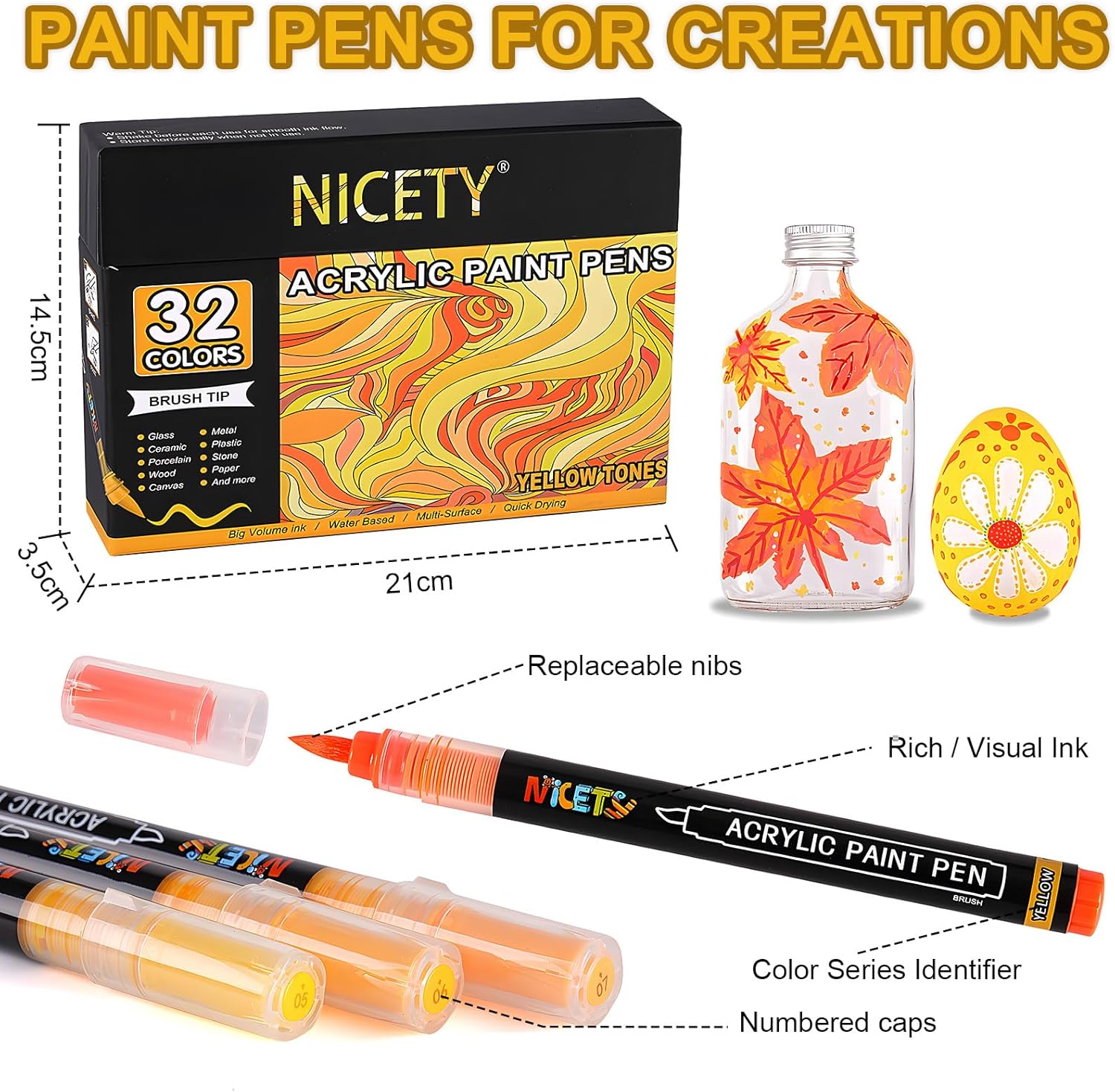 Detalle de NICETY 32 Colour Yellow Acrylic Paint Pens (1–5mm) – Water-Based Acrylic Markers with Brush Tip