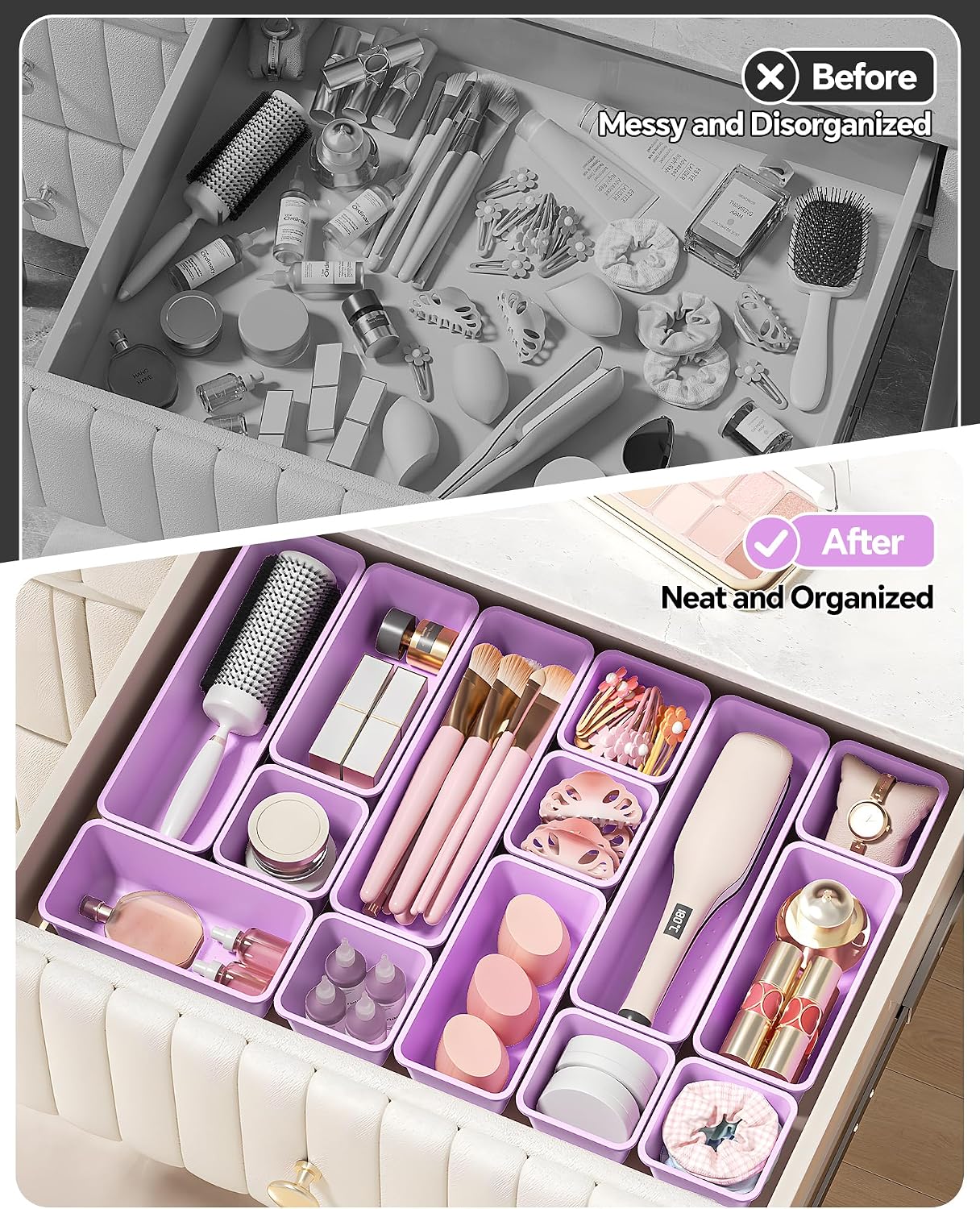 Detalle de Canfanni CT13-Purple 13-Piece Plastic Drawer Organizer Set, 3 Sizes
