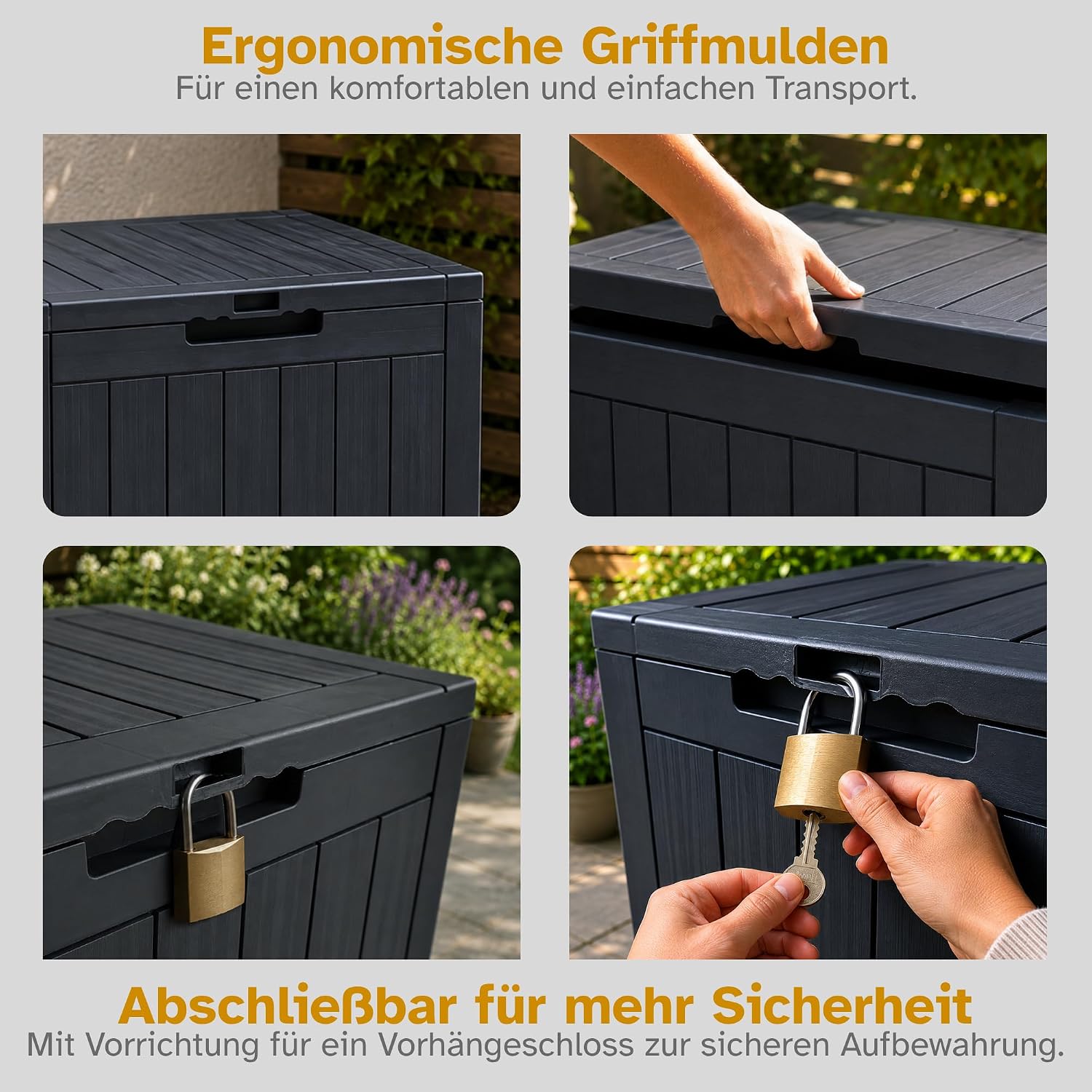 Detalle 2 de Ondis24 City Cube – 110 L Kunststoff-Box, abschließbare Sitz- und Aufbewahrungsbox, Beige 55×43×53 cm