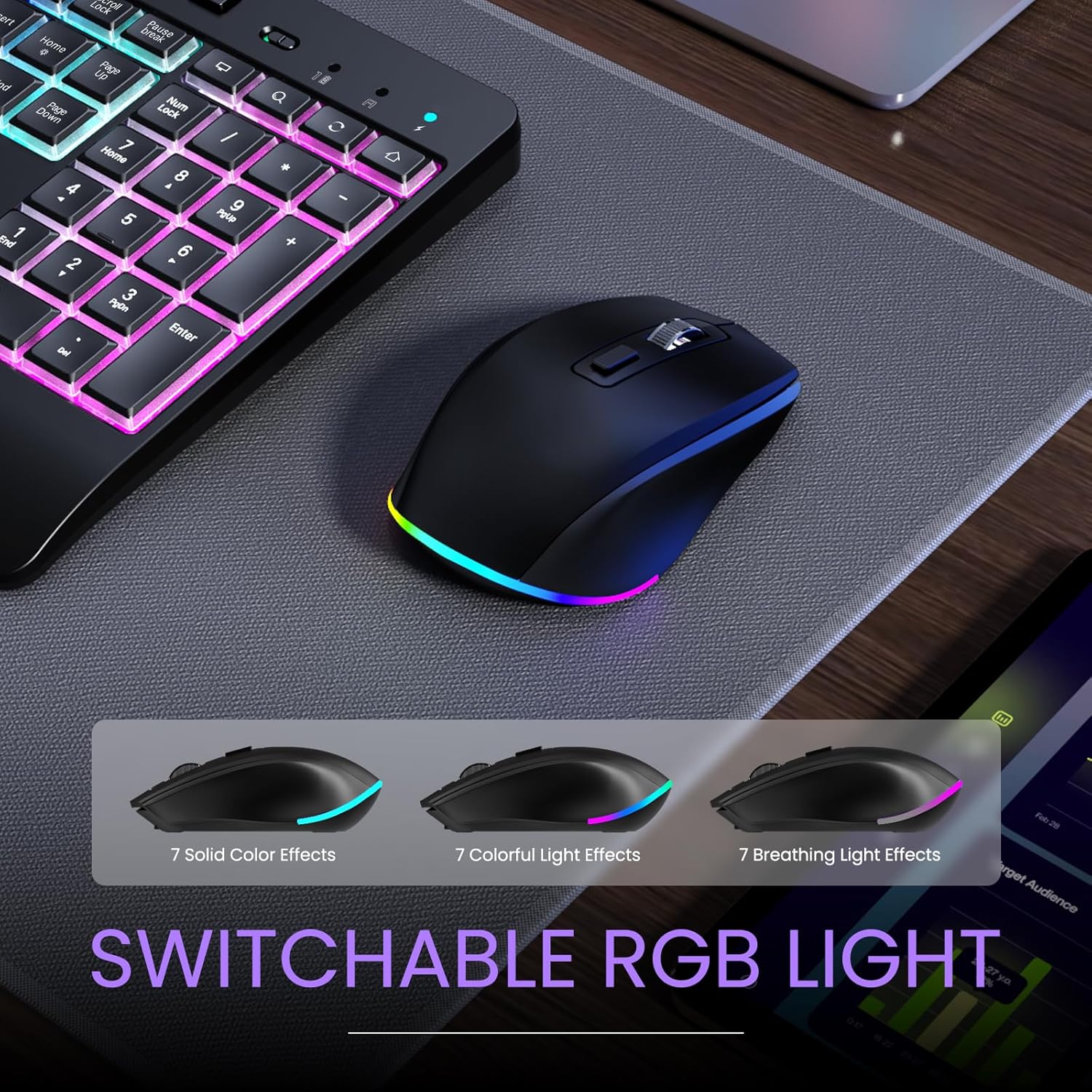 Detalle de VEILZOR Wireless Keyboard and Mouse Set with 9 RGB Backlit Effects and Wrist Rest (2.4G Rechargeable)