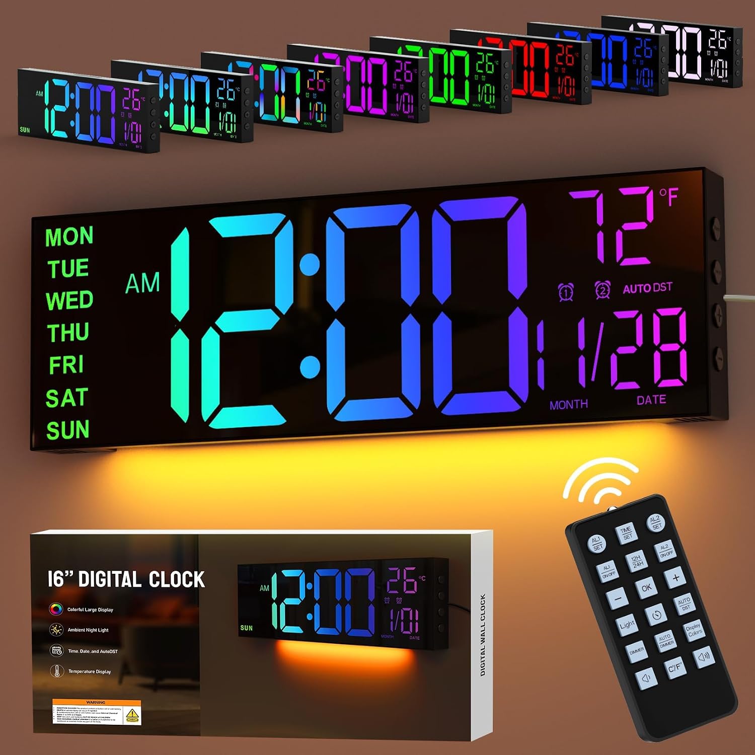 Detalle de GOLOZA 16-inch Digital Wall Clock with Remote, Dual Alarms and 8 Display Colours