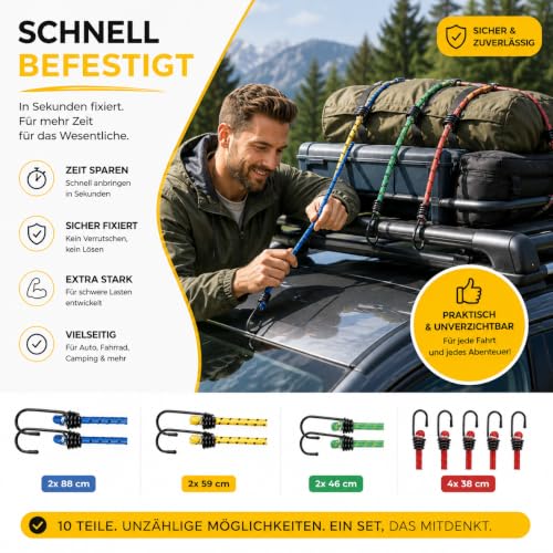 Detalle 2 de repairr 10x Allzweck Expander mit Haken – Extra Starke Gepäckspanner, Set 88/59/46/38 cm