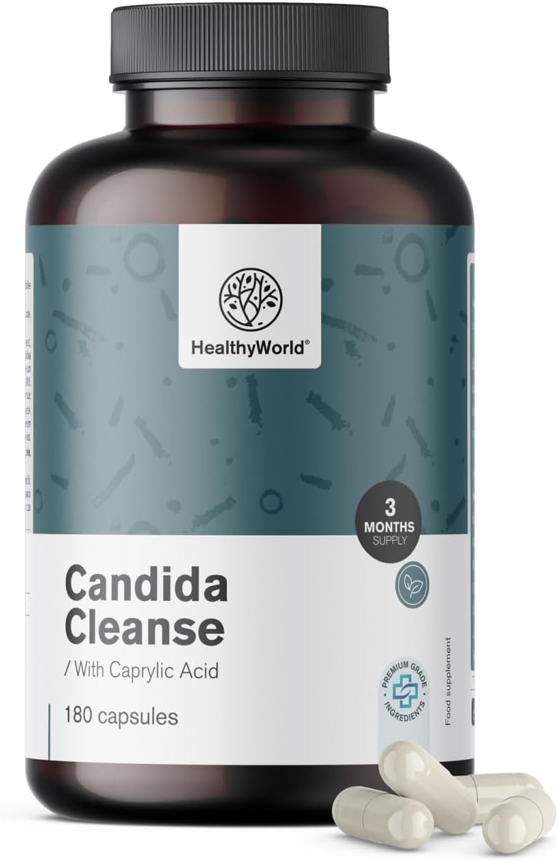 Detalle de HealthyWorld Candida Cleanse capsules met 16 actieve ingrediënten, 180 stuks