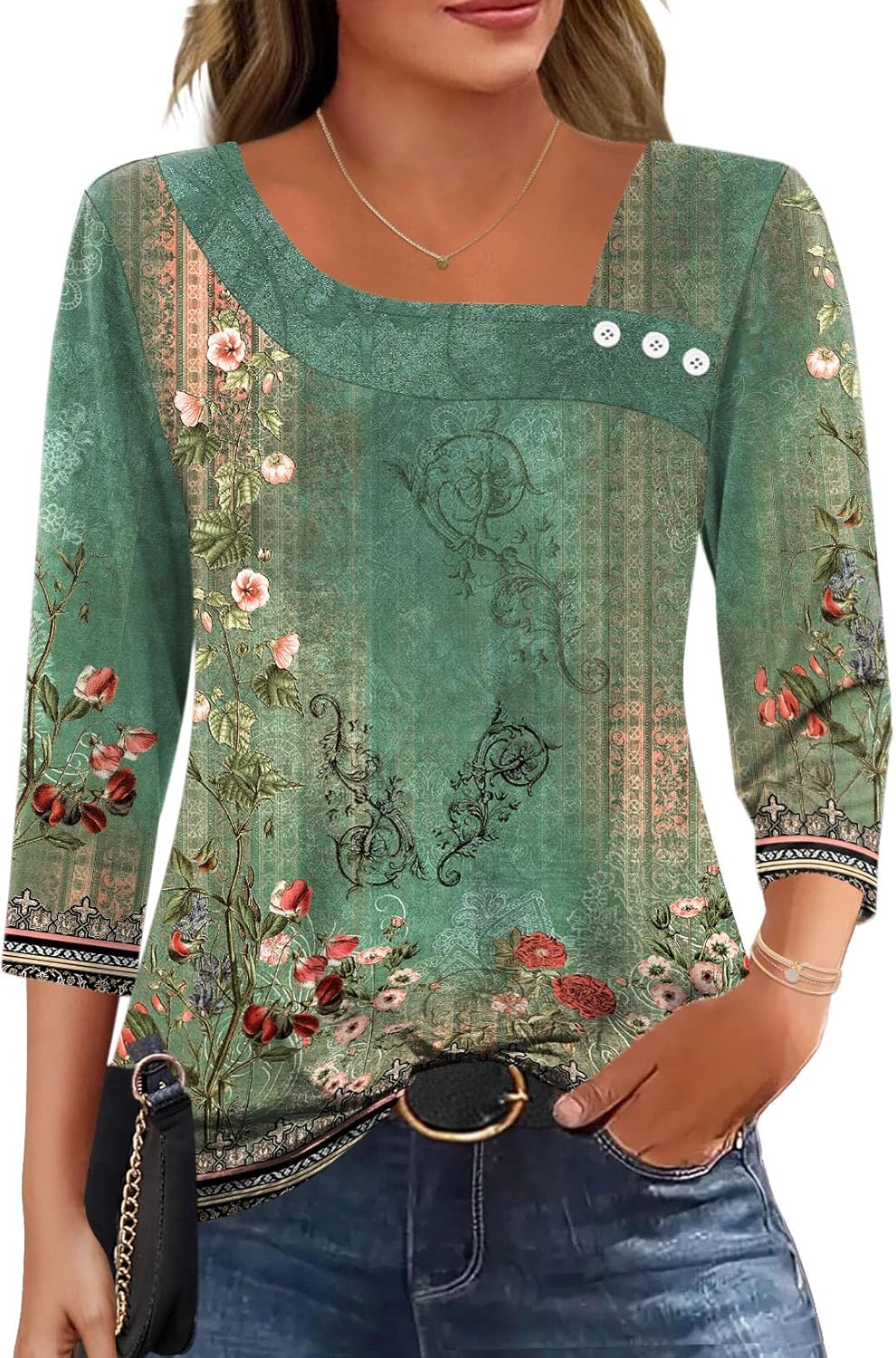 Detalle de Kistore Bluse Damen – Asymmetrischer Ausschnitt, 3/4 Arm, Tunika, drei Styles