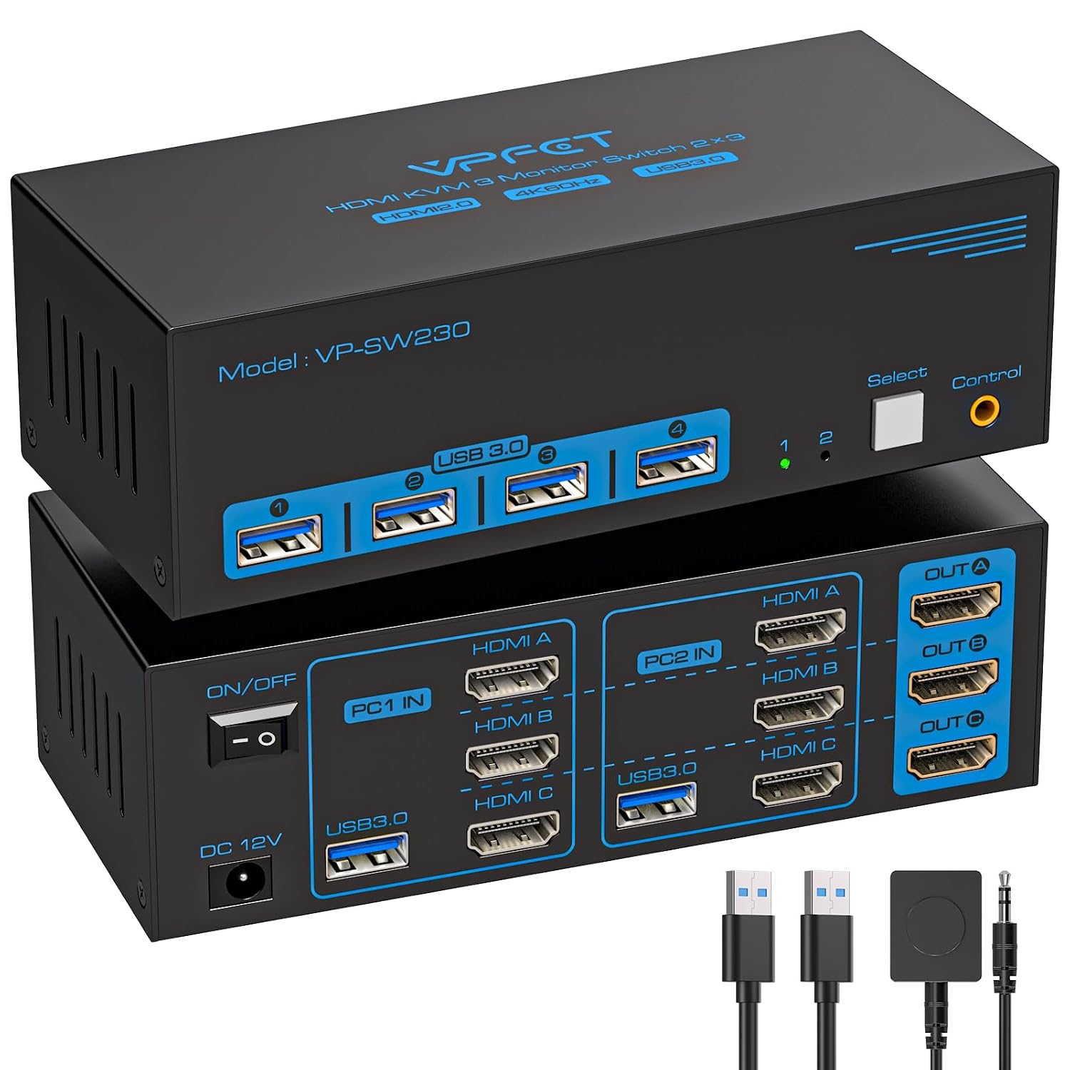 Detalle de VPFET SW230-Deep Blue 3-Monitor HDMI KVM Switch, 4K@60Hz, USB 3.0