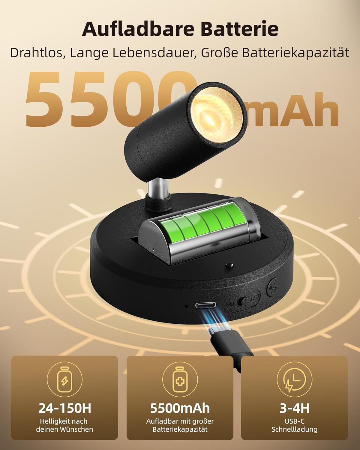 Thumbnail 1 de EZVALO Kabellose Spotlight Wandlampe „Spotlight 5500mAh“ – dimmbar mit Fernbedienung & Timer, drehbar 350°
