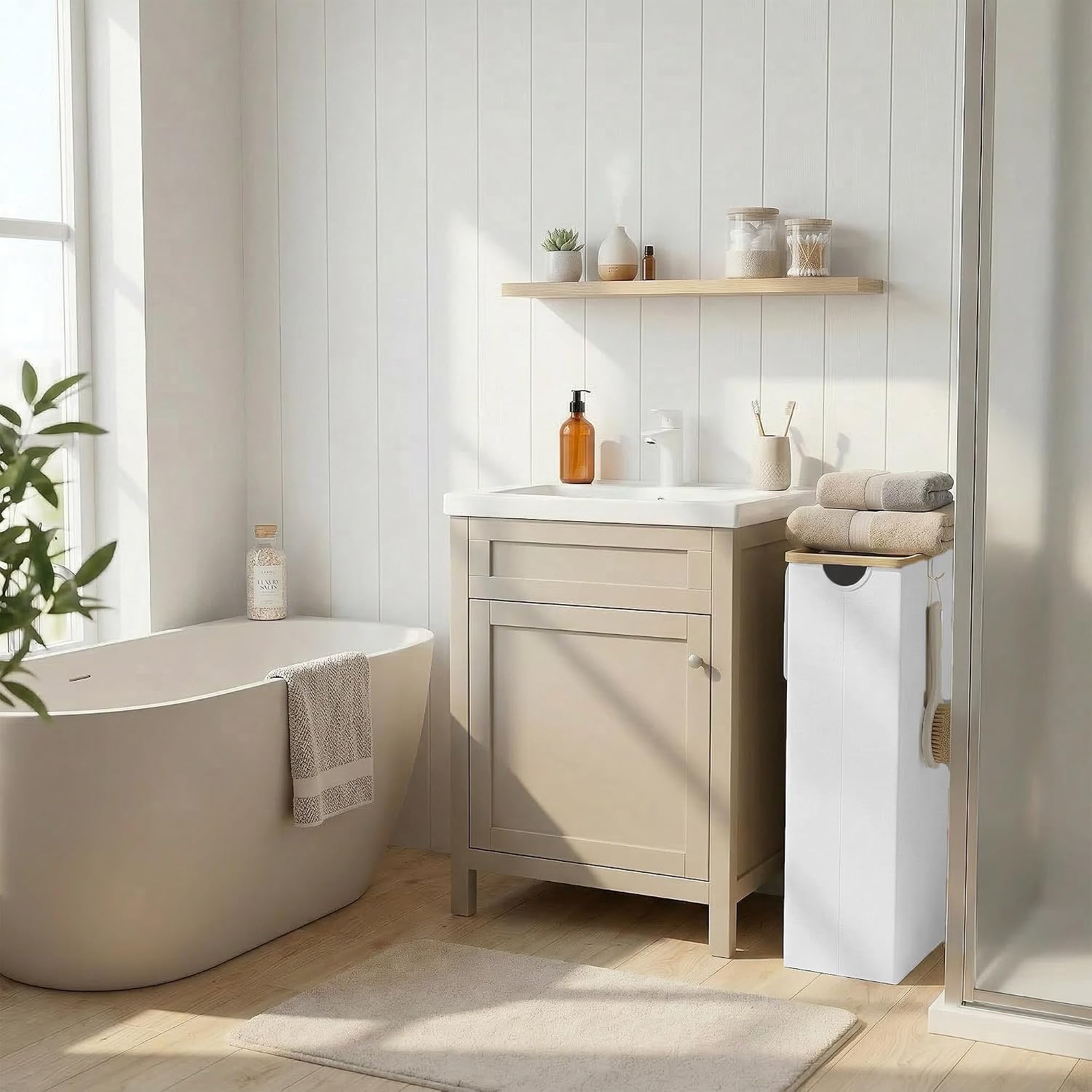 Detalle 2 de efluky 75L Slim Laundry Hamper with Lid, Removable Bag, and Bamboo Handles