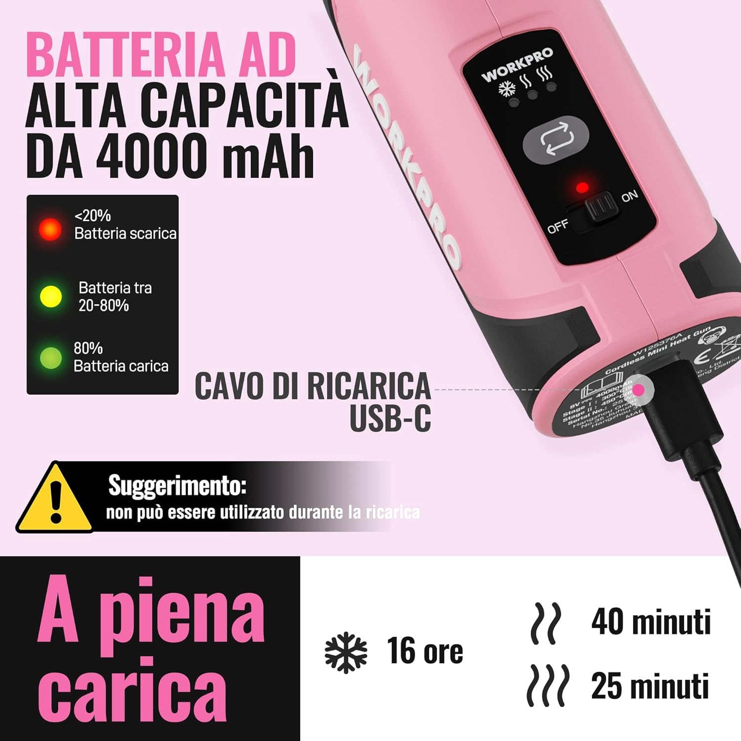Thumbnail 3 de WORKPRO mini pistola ad aria calda 8V con batteria 4000 mAh, 300°C/450°C e 50 guaine termorestringenti
