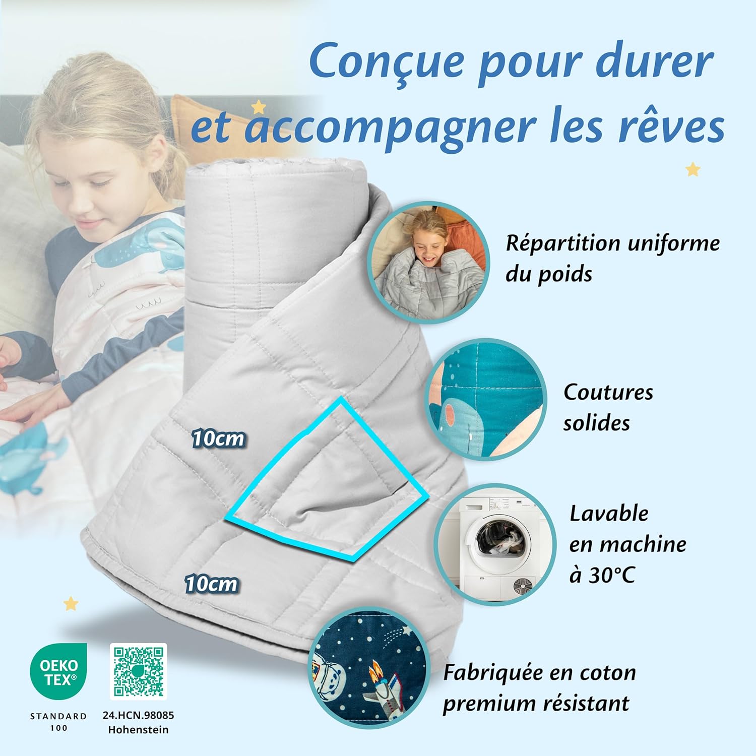 Thumbnail 5 de Ella Couverture lestée enfant 4,5 kg 100 x 170 cm — couverture relaxante calmante (coton, perles de verre hypoallergéniques)