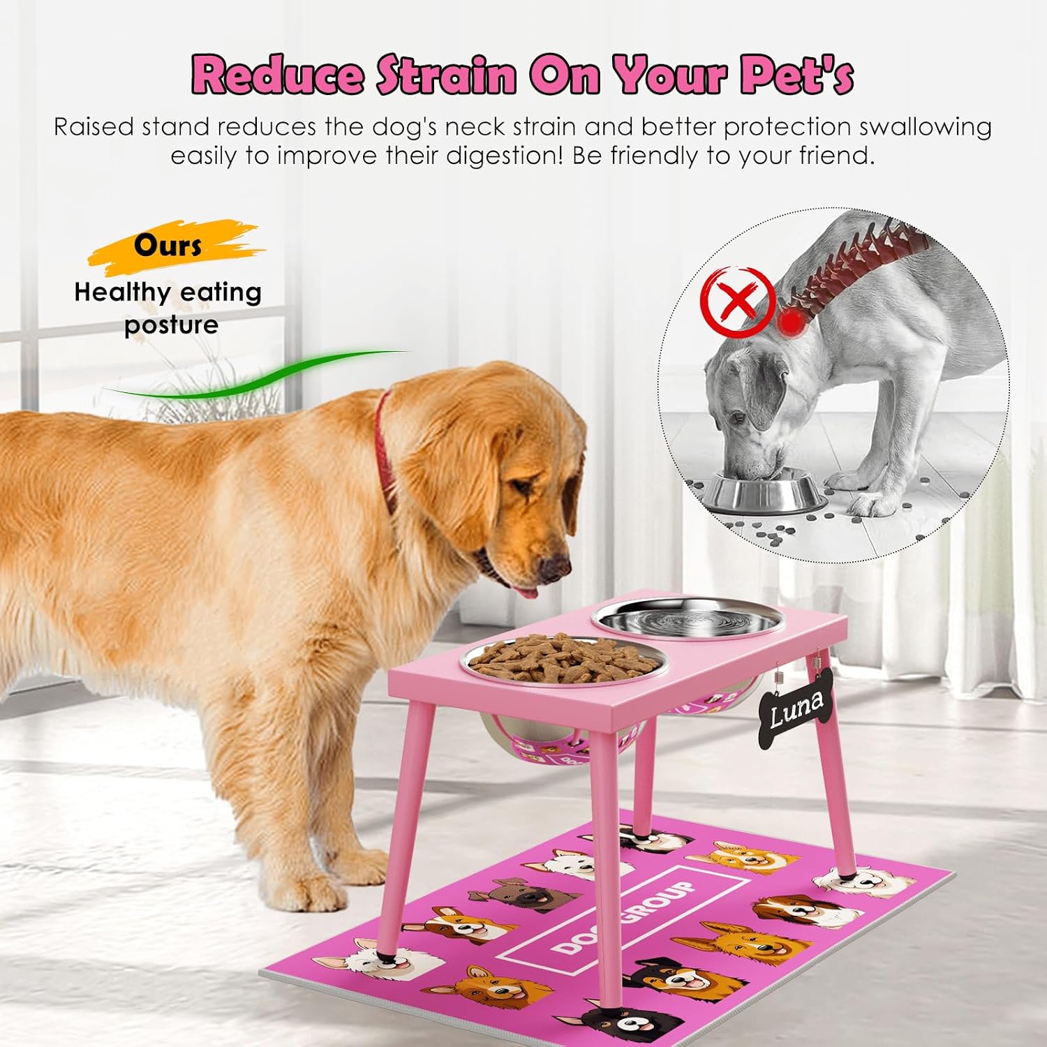 Thumbnail 1 de ADENGL support surélevé pour chiens (grande et moyenne taille) avec tapis anti-éclaboussures et 2 gamelles inox de 1,6 l, rose