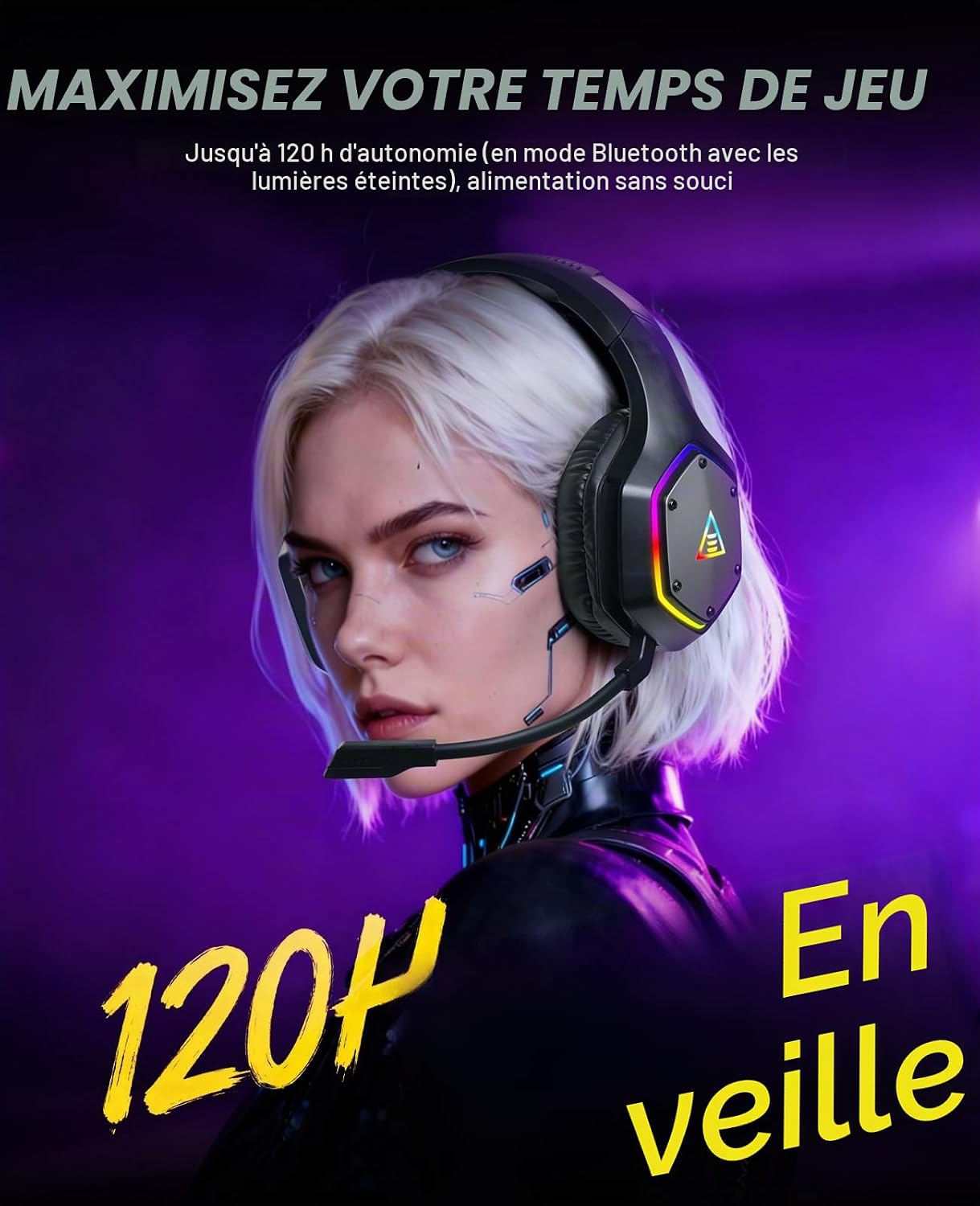 Detalle de EKSA E1000BT : casque gaming sans fil 3-en-1 Bluetooth/2,4 GHz + audio 3,5 mm (PS5, PC, PS4)