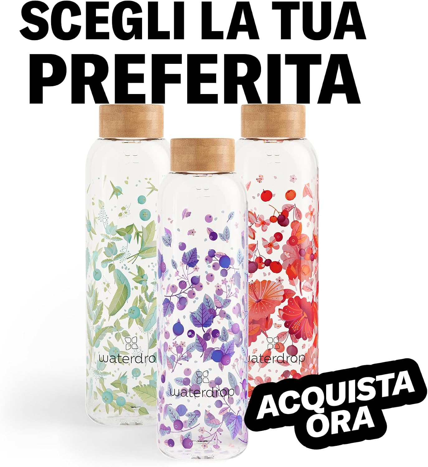 Detalle de waterdrop Borraccia in Vetro 600ml – design personalizzabile, tappo in bambù e custodietta in neoprene